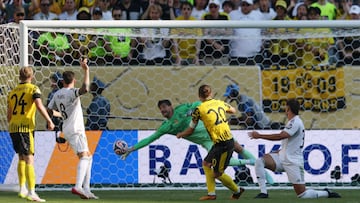 Soccer Football - FIFA Club World Cup - Quarter Final - Real Madrid v Borussia Dortmund - MetLife Stadium, East Rutherford, New Jersey, U.S. - July 5, 2025 Real Madrid's Thibaut Courtois saves a shot from Borussia Dortmund's Marcel Sabitzer IMAGN IMAGES via Reuters/Vincent Carchietta