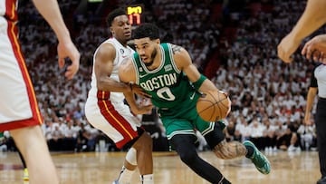 May 23, 2023; Miami, Florida, USA; Boston Celtics forward Jayson Tatum (0) shoots against Miami Heat guard Kyle Lowry (7) in the third quarter during game four of the Eastern Conference Finals for the 2023 NBA playoffs at Kaseya Center. Mandatory Credit: Sam Navarro-USA TODAY Sports
