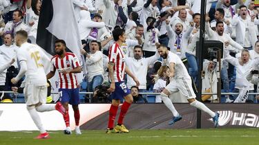 Benzema celebra el único gol del partido entre Madrid y Atlético en febrero de 2020.