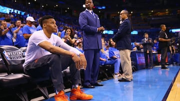 OKLAHOMA CITY, OK - MAY 28: Russell Westbrook #0 of the Oklahoma City Thunder looks on prior to game six of the Western Conference Finals against the Golden State Warriors during the 2016 NBA Playoffs at Chesapeake Energy Arena on May 28, 2016 in Oklahoma City, Oklahoma. NOTE TO USER: User expressly acknowledges and agrees that, by downloading and or using this photograph, User is consenting to the terms and conditions of the Getty Images License Agreement.   Maddie Meyer/Getty Images/AFP
 == FOR NEWSPAPERS, INTERNET, TELCOS &amp; TELEVISION USE ONLY ==