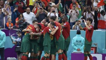 LUSAIL CITY, QATAR - DECEMBER 06: Players of Portugal celebrate after scoring a goal during the FIFA World Cup Qatar 2022 Round of 16 match between Portugal and Switzerland, at Lusail Stadium on December 06, 2022 in Lusail City, Qatar. (Photo by Fareed Kotb/Anadolu Agency via Getty Images)