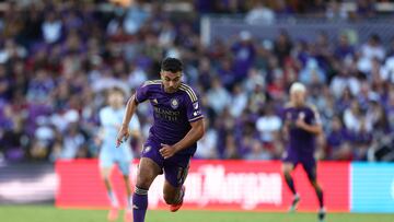 Nov 24, 2024; Orlando, Florida, USA; Orlando City midfielder Martin Ojeda (11) dribbles downfield during the second half against Atlanta United in a 2024 MLS Cup conference semifinal match at Inter&Co Stadium. Mandatory Credit: Nathan Ray Seebeck-Imagn Images