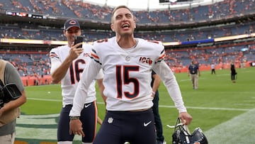 DENVER, COLORADO - SEPTEMBER 15: Eddy Pineiro #15 of the Chicago Bears celebrates as he leaves the field after kicking 53 yard field goal in the final second of the fourth quarter to defeat the Denver Broncos at Empower Field at Mile High on September 15, 2019 in Denver, Colorado. (Photo by Matthew Stockman/Getty Images)