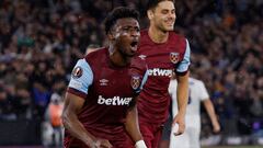 Mohamed Kudus, jugador del West Ham, celebra el gol anotado ante el Backa Topola en Europa League.