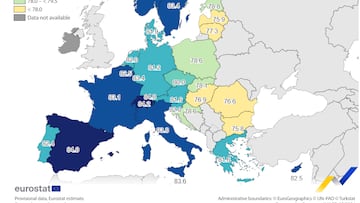 Datos de la Unión Europea de esperanza de vida de los Estados miembros, difundido por Eurostat.