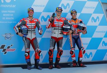 Jorge Lorenzo, Marc Márquez y Andrea Dovizioso tras la calificación del Gran Premio de Aragón en el circuito de Motorland.