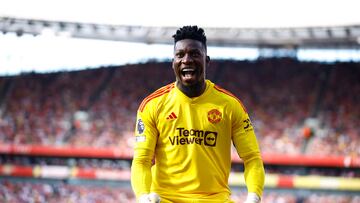 Soccer Football - Premier League - Arsenal v Manchester United - Emirates Stadium, London, Britain - September 3, 2023 Manchester United's Andre Onana celebrates after Marcus Rashford scores their first goal Action Images via Reuters/John Sibley EDITORIAL USE ONLY. No use with unauthorized audio, video, data, fixture lists, club/league logos or 'live' services. Online in-match use limited to 75 images, no video emulation. No use in betting, games or single club /league/player publications. Please contact your account representative for further details.