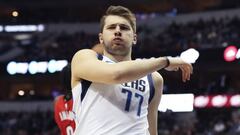 Feb 10, 2019; Dallas, TX, USA; Dallas Mavericks forward Luka Doncic (77) reacts after dunking during the first quarter against the Portland Trail Blazers at American Airlines Center. Mandatory Credit: Kevin Jairaj-USA TODAY Sports