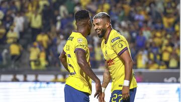 Rodrigo Aguirre celebrates his goal 4-2 with Cristian Borja of America during the match between America and St Louis City as part of Round of 16 of the 2024 Leagues Cup at Dignity Health Sports Park Stadium on August 13, 2024 in Carson, Los Angeles California, United States.