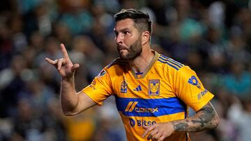 Tigres' French forward #10 Andre-Pierre Gignac celebrates scoring his team's second goal during the Mexican Clausura tournament football match between Tigres and Leon at Leon Stadium in Leon, Guanajuato state, Mexico on January 17, 2024. (Photo by Mario Armas / AFP)