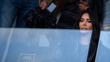 US socialite Kim Kardashian attends to watch the French L1 football match between Paris Saint-Germain (PSG) and Stade Rennais FC at The Parc des Princes Stadium in Paris on March 19, 2023. (Photo by FRANCK FIFE / AFP) (Photo by FRANCK FIFE/AFP via Getty Images)