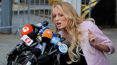 FILE PHOTO: Adult-film actress Stephanie Clifford, also known as Stormy Daniels, speaks as she departs federal court in the Manhattan borough of New York City, New York, U.S., April 16, 2018. REUTERSLucas Jackson/File Photo
