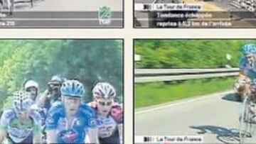 <b>NOVEDADES. </b>En las dos imágenes superiores se visualiza el número de kilómetros que faltan para que el pelotón dé caza a los escapados. Por su parte, las dos capturas inferiores muestran la frecuencia de pedaleo de los ciclistas durante el desarrollo de una etapa de la ronda gala.