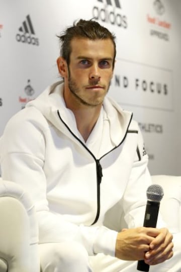 Gareth Bale at the presentation of the new Adidas ZNE jacket today in central Madrid.