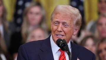U.S. President Donald Trump speaks at an event, where he will sign an executive order banning transgender girls and women from participating in women's sports, in the East Room at the White House in Washington, U.S., February 5, 2025. REUTERS/Leah Millis