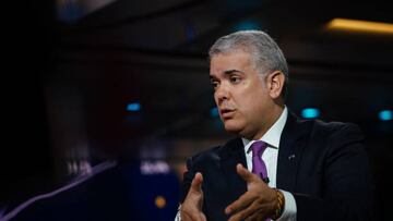 Ivan Duque, Colombia's president, speaks during a Bloomberg Television interview in New York, U.S., on Wednesday, April 13, 2022. Colombia has an opportunity on energy exports, as other countries cut their dependence on Russian oil and gas, Duque said. Photographer: Christopher Goodney/Bloomberg via Getty Images