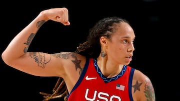 FILE PHOTO: Tokyo 2020 Olympics - Basketball - Women - Quarterfinal - Australia v United States - August 4, 2021. Brittney Griner of the United States reacts REUTERS/Brian Snyder/File Photo