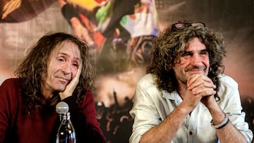 MADRID, SPAIN - DECEMBER 19: Roberto Iniesta (L) and Iñaki Uoho Anton (R) of the musical group Extremoduro in a press conference where they have confirmed a farewell tour hours after the advertisement of your separation in RIU Hotel Plaza España on December 19, 2019 in Madrid, Spain. (Photo by Ricardo Rubio/ Europa Press via Getty Images)