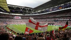 LONDON, ENGLAND - JULY 31: A general view of the inside of the stadium as fans celebrate after Chloe Kelly of England scores their side's second goal during the UEFA Women's Euro 2022 final match between England and Germany at Wembley Stadium on July 31, 2022 in London, England. (Photo by Charlotte Tattersall - UEFA/UEFA via Getty Images)