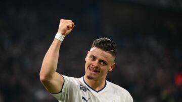 Marseille's Portuguese forward Vitinha celebrates after scoring his team's first goal during the French L1 football match between Olympique de Marseille (OM) and Troyes (ESTAC) at the Velodrome stadium in Marseille on April 16, 2023. (Photo by Christophe SIMON / AFP)