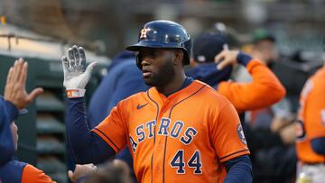 OAKLAND, CALIFORNIA - JULY 26: Yordan Alvarez #44 of the Houston Astros celebrates after scoring on a throwing error in the top of the fifth inning against the Oakland Athletics at RingCentral Coliseum on July 26, 2022 in Oakland, California.   Lachlan Cunningham/Getty Images/AFP
== FOR NEWSPAPERS, INTERNET, TELCOS & TELEVISION USE ONLY ==