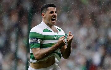 Celtic's Tomas Rogic celebrates scoring the injury-time winning goal.