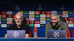 CAIRATE, ITALY - APRIL 11: Head coach AC Milan Stefano Pioli and Theo Hernandez of AC Milan speak with the media during press conference ahead of their UEFA Champions League quarterfinal first leg match against SSC Napoli at Milanello on April 11, 2023 in Cairate, Italy. (Photo by Claudio Villa/AC Milan via Getty Images)