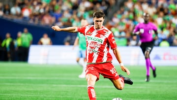 Aug 4, 2024; Seattle, Washington, USA; Necaxa midfielder Jose Paradela (10) passes against the Seattle Sounders FC during the second half at Lumen Field. Mandatory Credit: Joe Nicholson-USA TODAY Sports