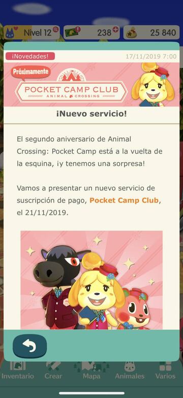 Así es el aviso dentro de Pocket Camp.