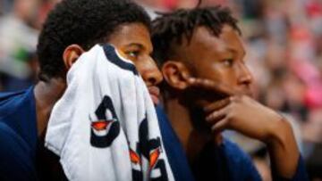 Paul George durante el partido que enfrentó a los Atlanta Hawks contra los Indiana Pacers.