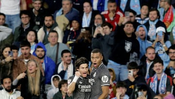 Soccer Football - LaLiga - Celta Vigo v Real Madrid - Estadio de Balaidos, Vigo, Spain - October 19, 2024 Real Madrid's Kylian Mbappe celebrates scoring their first goal with Fran Garcia REUTERS/Miguel Vidal TPX IMAGES OF THE DAY