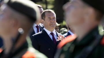Deputy head of Russia's Security Council Dmitry Medvedev takes part in ceremonial events, that mark the anniversary of the World War Two victory over Japan, in Glory Square in the far eastern city of Yuzhno-Sakhalinsk, Russia, September 3, 2023. Sputnik/Yekaterina Shtukina/Pool via REUTERS ATTENTION EDITORS - THIS IMAGE WAS PROVIDED BY A THIRD PARTY.