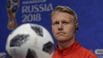 Denmark&#039;s Simon Kjaer listens to a journalist question prior to the start of his team official training on the eve of the group C match between Peru and Denmark at the 2018 soccer World Cup in the Mordovia Arena in Saransk, Russia, Friday, June 15, 2