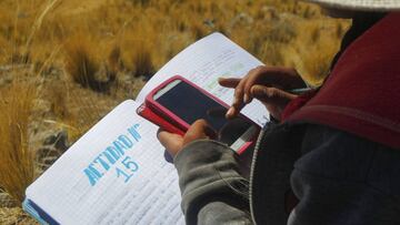 Sixteen-year-old Roxana Cabrera takes notes during a virtual class from the top of a hill from where she and her siblings can get signal on their mobile phones, near their house in the remote highland community of Conaviri, district of Manazo, in the Peruvian Andes close to Lake Titicaca and the border with Bolivia, early July 24, 2020 during the COVID-19 novel coronavirus pandemic. - As schools remain closed due to the pandemic, the Cabrera children participate in the &quot;Learn at Home&quot; educational platform which was implemented by the Peruvian Ministry of Education. (Photo by Carlos MAMANI / AFP)