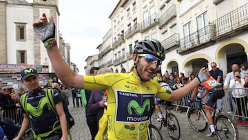 NV. Evora (Portugal), 26/02/2017.- Spanish cyclist Carlos Barbera of Movistar team celebrates as he wins the general classification at the end of fifth stage of the 35th Alentejo Tour cycling race, over 168,9 km from Ferreira do Alentejo to Evora, southern Portugal, 26 February 2017. (Ciclismo) EFE/EPA/NUNO VEIGA