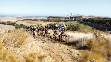 The leading bunch during Stage 1 of the 2025 Absa Cape Epic Mountain Bike stage race held at Meerendal Wine Estate, Cape Town, South Africa on the 17th March 2025. Photo by Nick Muzik/Cape Epic