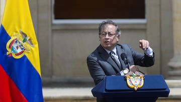 Colombia's President Gustavo Petro speaks during a ceremony to decorate soldiers and indigenous people who participated in the rescue of the surviving children from a Cessna 206 plane that crashed in the thick jungle, in Bogota, Colombia June 26, 2023. REUTERS/Vannessa Jimenez