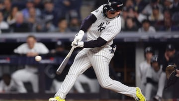 NEW YORK, NEW YORK - OCTOBER 30: Alex Verdugo #24 of the New York Yankees hits an RBI single during the second inning of Game Five of the 2024 World Series against the Los Angeles Dodgers at Yankee Stadium on October 30, 2024 in the Bronx borough of New York City. Sarah Stier/Getty Images/AFP (Photo by Sarah Stier / GETTY IMAGES NORTH AMERICA / Getty Images via AFP)