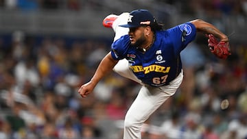 Venezuela's pitcher #67 Arnaldo Jose Hernandez pitches the ball during the Caribbean Series semifinal baseball game between Curacao and Venezuela at LoanDepot Park in Miami, Florida, on February 8, 2024. (Photo by Chandan Khanna / AFP)