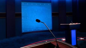 A view of US President Donald Trump's microphone on the debate set is seen as preparations are made for the final US Presidential debate between candidates US President Donald Trump and former US Vice President Joe R. Biden at Belmont University on O