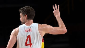 Pau Spain's Pau Gasol Saez gestures in the men's preliminary round group C basketball match between Spain and Slovenia during the Tokyo 2020 Olympic Games at the Saitama Super Arena in Saitama on August 1, 2021. (Photo by Aris MESSINIS / AFP)