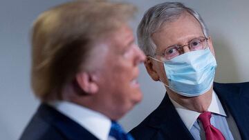 (FILES) In this file photo taken on May 19, 2020 US Senate Majority Leader Mitch McConnell (L) listens to US President Donald Trump speak during a press conference following the Senate Republicans policy luncheon on Capitol Hill in Washington, DC. - Donal