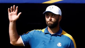 FILE PHOTO: Golf - The 2023 Ryder Cup - Marco Simone Golf & Country Club, Rome, Italy - October 1, 2023 Team Europe's Jon Rahm acknowledges the crowd on the 1st hole during the Singles REUTERS/Yara Nardi/File Photo