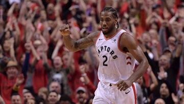 May 25, 2019; Toronto, Ontario, CAN; Toronto Raptors forward Kawhi Leonard (2) reacts after scoring against the Milwaukee Bucks in the second half of game six of the Eastern Conference final at Scotiabank Arena. Mandatory Credit: Dan Hamilton-USA TODAY Sports