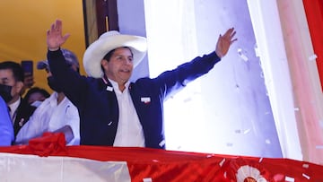 LIMA, PERU - JULY 19: Newly Elected President of Peru Pedro Castillo waves supporters during a celebration after being confirmed as new president of Peru at the campaign headquarters on July 19, 2021 in Lima, Peru. 43 days after the presidential runoff, officials announced Castillo as Peru&#039;s new president with 50,12% of the votes against Keiko Fujimori with 49,87%. (Photo by Ricardo Moreira/Getty Images)