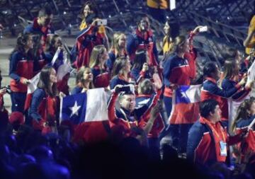 The Chile team enters the stadium during the opening ceremony for the 2015 Pan American Games at the Rogers Centre in Toronto, Ontario, on July 10, 2015. AFP PHOTO/OMAR TORRES