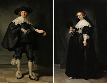 El pintor barroco neerlandés Rembrandt pintó en 1634 estos dos cuadros que en realidad se conciben como uno solo. La obra conmemora la boda de la pareja perteneciente a la burguesía más adinerada de Ámsterdam. Son los dos cuadros de mayor tamaño del artista. La compra se realizó de forma conjunta entre el museo El Louvre y el Rijksmuseum con un coste de 180 millones de dólares. 