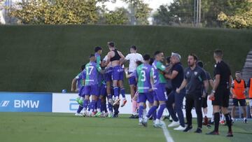 Fiesta del M¨¢laga tras ganar en Madrid.