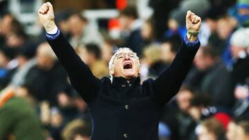 Leicester City  manager Claudio Ranieri celebrates his team&#039;s third goal in the match between Newcastle and Leicester City.