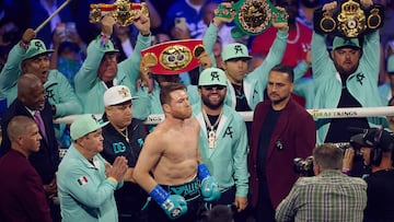 Saul -Canelo- Alvarez and Jaime Munguia during the Fight for the undisputed super middleweight championship, at T-Mobile Arena on May 4, 2024, in Las Vegas, Nevada, United States.